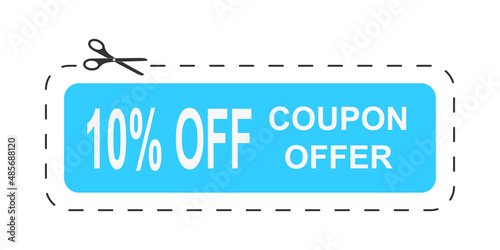 10 percent off coupon offer. Discount template with dotted cut line and scissors icon isolated on white background. Lower price concept. Vector flat illustration