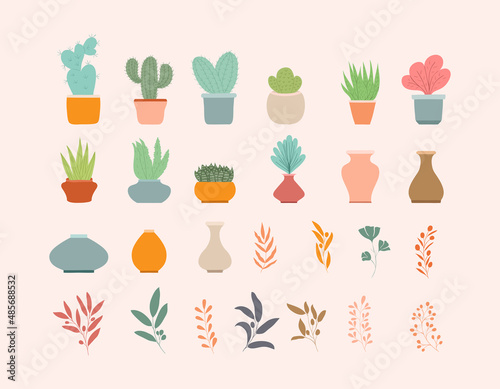 Beautiful flat cactus houseplant, pots and botanics collection template