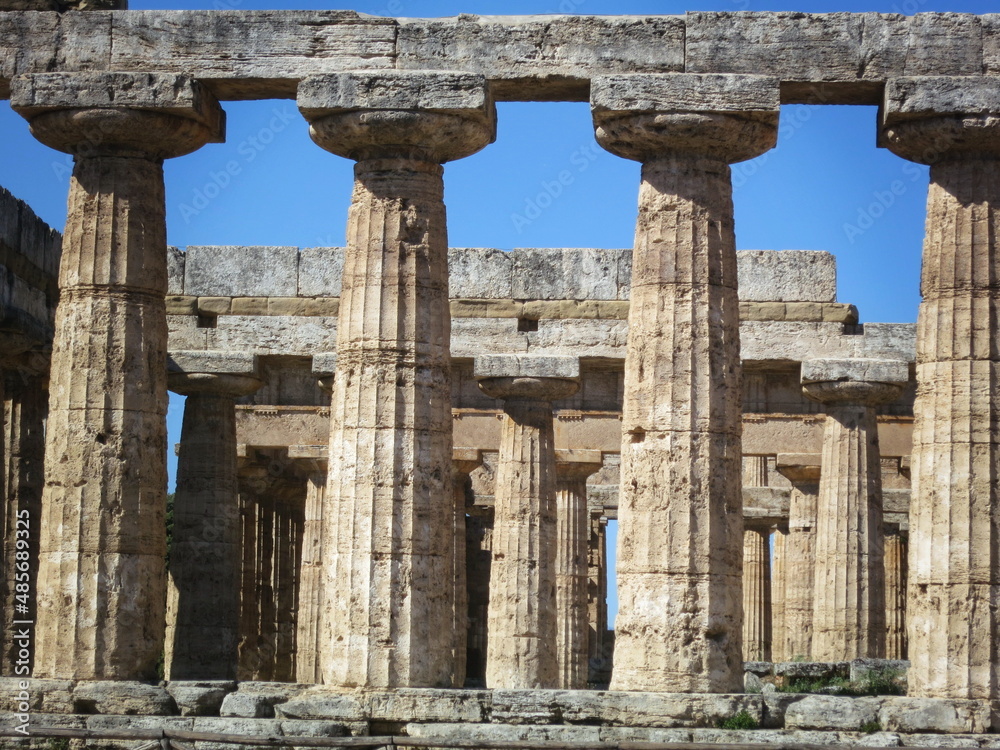 Temple of Hera at famous Paestum Archaeological UNESCO World Heritage Site, which contains some of the most well-preserved ancient Greek temples in the world, Province of Salerno, Campania, Italy