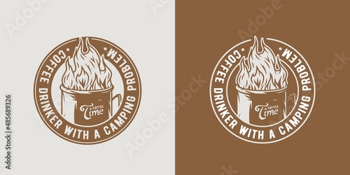 Camping design with flame in mug for coffee drinker outdoors. Adventure, wanderlust or explore in camp