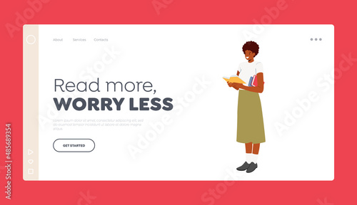 Education Landing Page Template. Reading Hobby Concept. Young African Woman Character Read Book. College or University