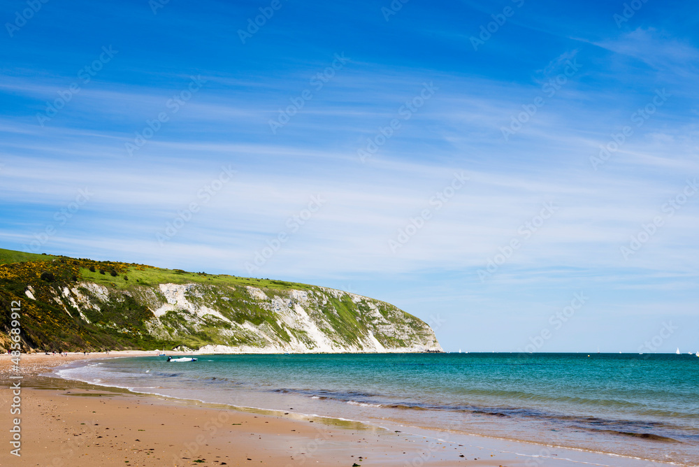 Swanage Beach and white cliffs, Dorset, England, United Kingdom, Europe