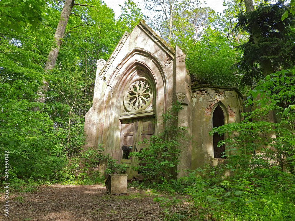 Ruins of an old, creepy mausoleum of von Brand family located in the forrest, near Danków town, Poland. Outside view.
