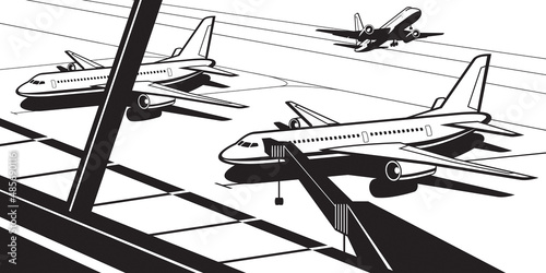 Passenger airplanes at airport terminal - vector illustration