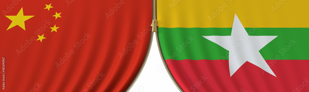 Obraz premium China and Myanmar political cooperation or conflict, flags and closing or opening zipper, conceptual 3D rendering
