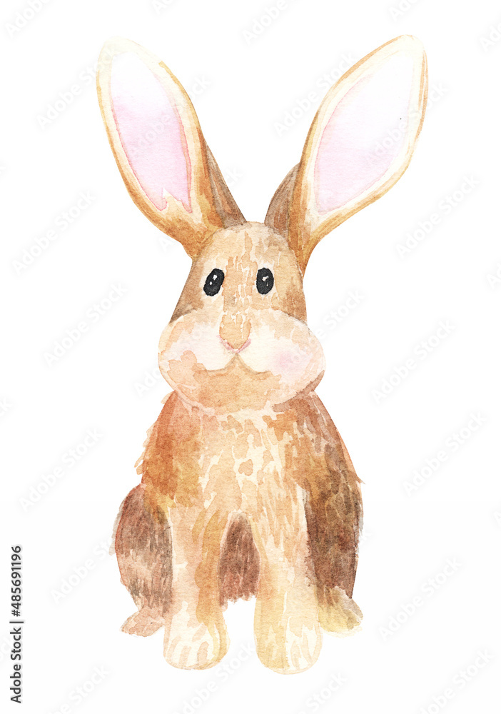 Fototapeta premium Easter bunny watercolor illustration cute beige. Big ears, nice rabbit hand drawn