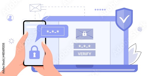 2fa Two factor authentication password secure notice login verification code Notice with code fo sign in Two steps factor verification via laptop and phone Mobile OTP method Vector flat illustration photo