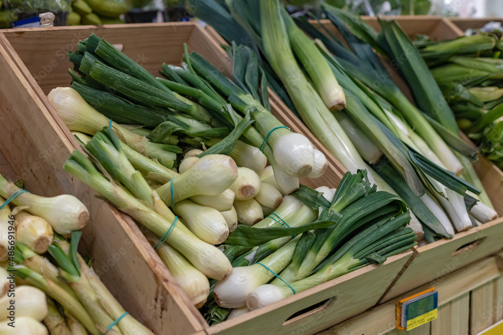 Crate with green onions in a greengrocer.