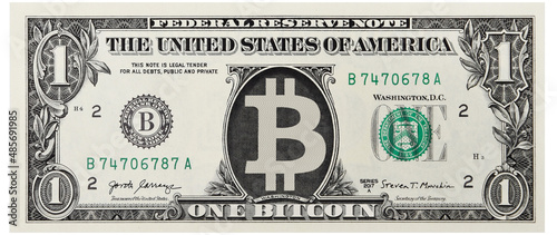 Bitcoin to one dollar bill banknote , series 2017 A with the portrait of Bitcoin , American money banknote, vintage retro, United States of America © Vieriu