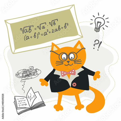 Cat-mathematician, cat-genius writes in chalk on a blackboard, mathematical symbols, book, eureka, inventions