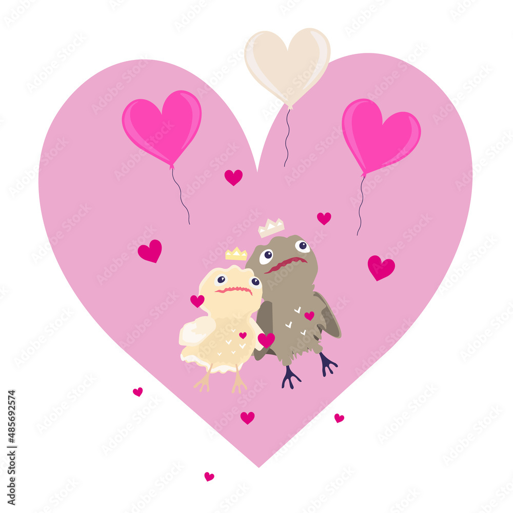 Vector decorative illustration with cutie cartoon birds falling in love, pink hearts and balloons. On the theme of love and Valentine's day.