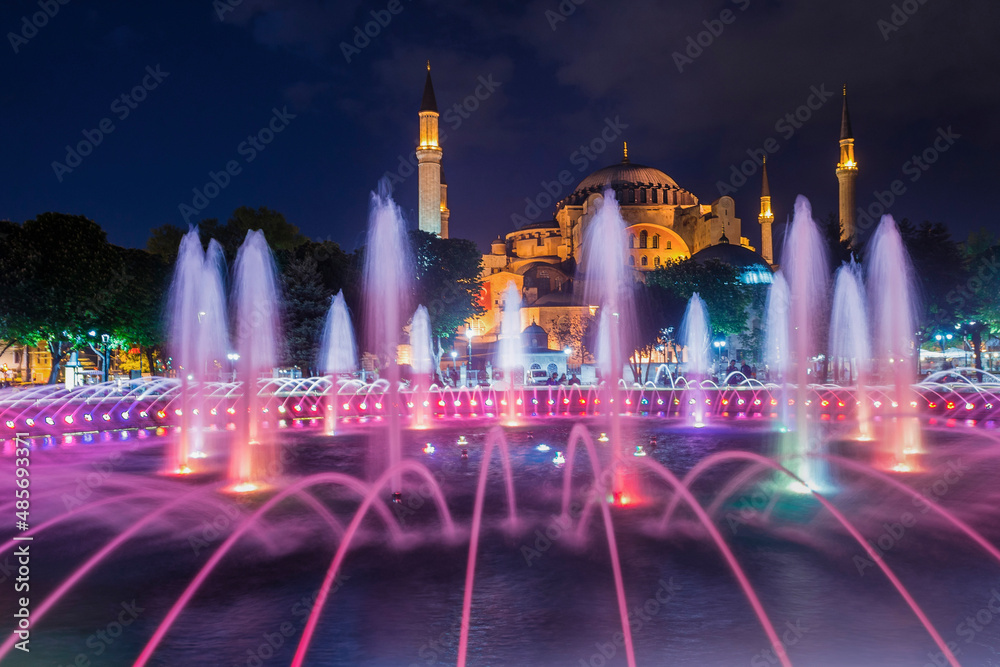 Hagia Sophia (Aya Sofya) and Sultanahmet Square fountains at night, Istanbul, Turkey, Eastern Europe