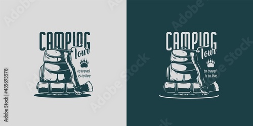 Camp axe and backpack for camping. Design of bag and ax for travel, outdoor, wanderlust or expedition