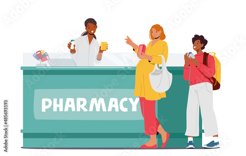 Characters Shopping in Pharmacy Store, People Purchase Drugs and Paying on Counter Desk. Customers Buying Medications