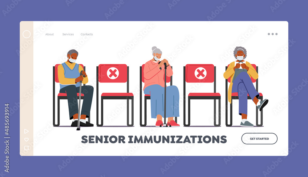 Seniors Immunization Landing Page Template. Old Characters Sitting on Chairs in Clinic Wait Vaccine against Coronavirus Seniors Immunization Landing Page Template. Old Characters Sitting on Chairs in Clinic Wait Vaccine against Coronavirus