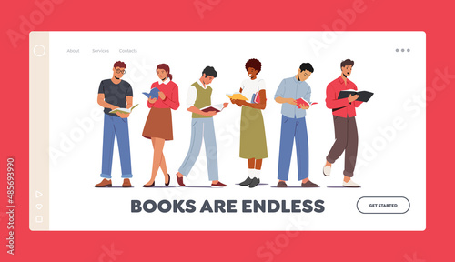 Students Characters Reading Books Landing Page Template. Young Multiracial Diverse Men and Women Reading Textbooks