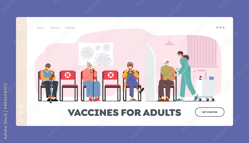 Vaccines for Adults Landing Page Template. Old People Wait Vaccination in Hospital. Senior Characters Applying Vaccine