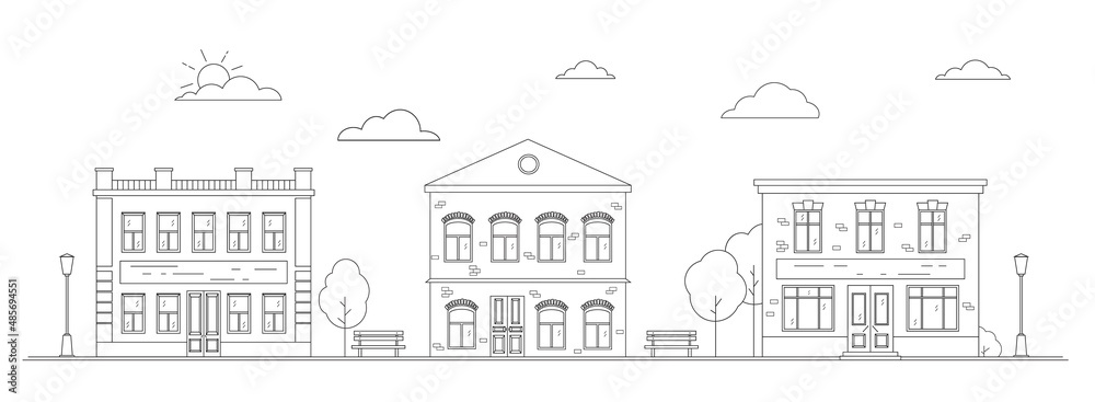 City street. Cityscape with houses, shops, trees, benches and street lamps. Vector illustration in line art style, isolated on white background. 
