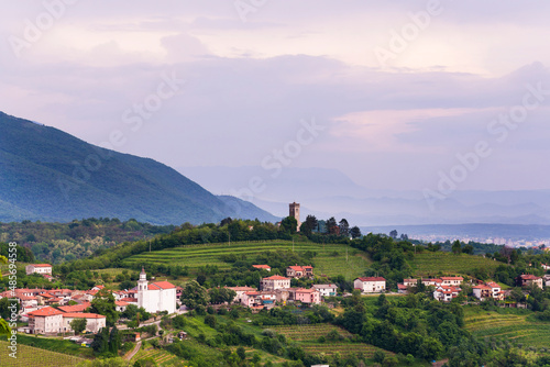Vineyards and the hill top town of Kojsko, Goriska Brda (Gorizia Hills), in Brda, the wine region of Slovenia, Europe