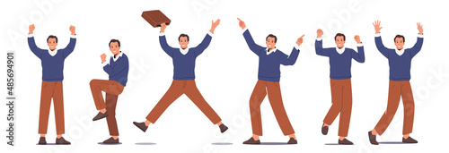 Set of Happy Businessmen Feel Positive Emotions, Adult Man in Casual Clothes Waving Hands, Yes Gesture, Jumping