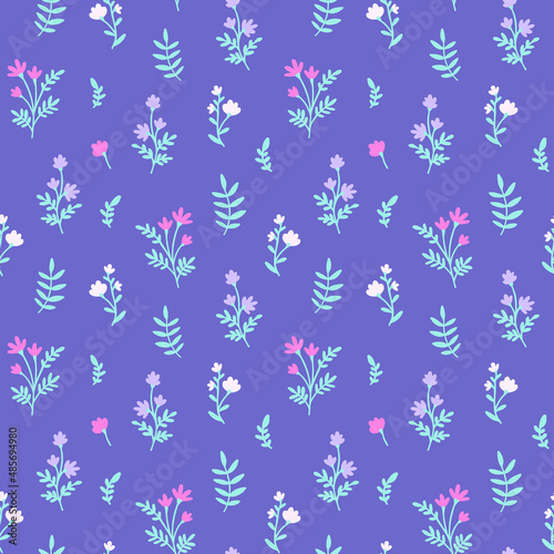 Floral Vector Seamless Pattern with Neon Meadow Flowers. Tiny Wildflowers and leaves on Very Peri Violet background. Ditsy style motif, texture for fashion print, fabric, textile, wrapping paper