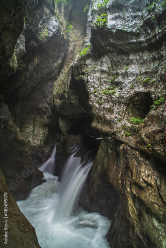 Skocjan Caves, Slovenia. Waterfall at the bottom of the 'Big Valley' (Velika Dolina), Karst Region of Slovenia, Europe