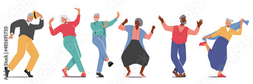 Old Men and Women Dance Isolated on White Background. Senior Pensioners in Fashioned Clothes Dancing, Relaxing