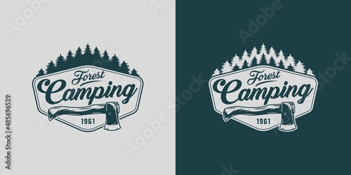 Axe and forest for camping and outdoor travel expedition. Camp outdoor adventure or hiking