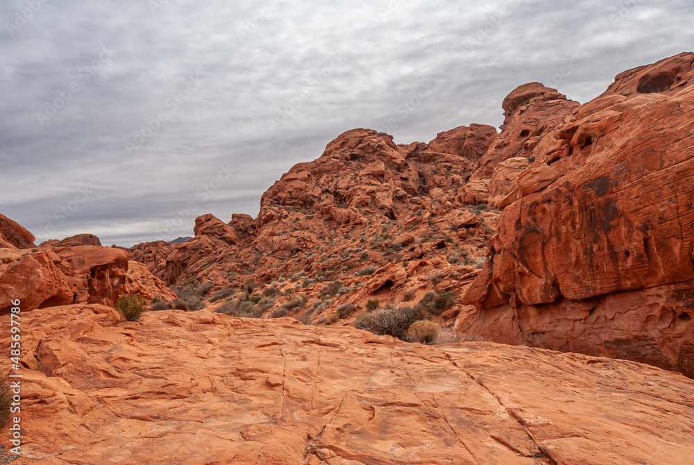 Overton, Nevada, USA - February 25, 2010: Valley of Fire. Uneven flat plateau in front of slanted crumbling red rock outcrops under heavy gray cloudscape. Bushes sprinkled on desert floor.