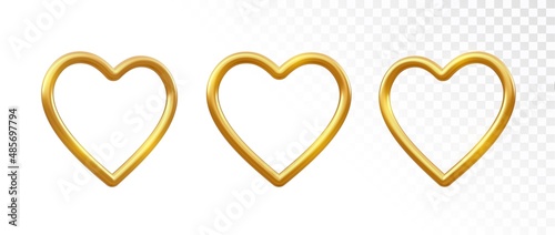 Golden hearts. Set of decorative 3D realistic shiny metallic gold heart on transparent background. Valentines day gold luxury decoration. Vector illustration.