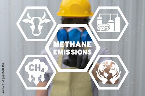 Concept of methane emissions. CH4 emission reduction from livestock, industry. Methane production and ecology environment protection standards. photo