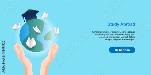 3D cartoon style. Study abroad scholarship concept. Earth globe cap graduation with flying paper book above hand student