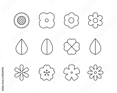 Spring season flower and leaf shape line icon illustration set.
