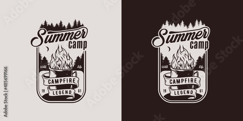 Camping design with flame in mug for coffee drinker outdoors. Adventure, wanderlust or explore in summer camp