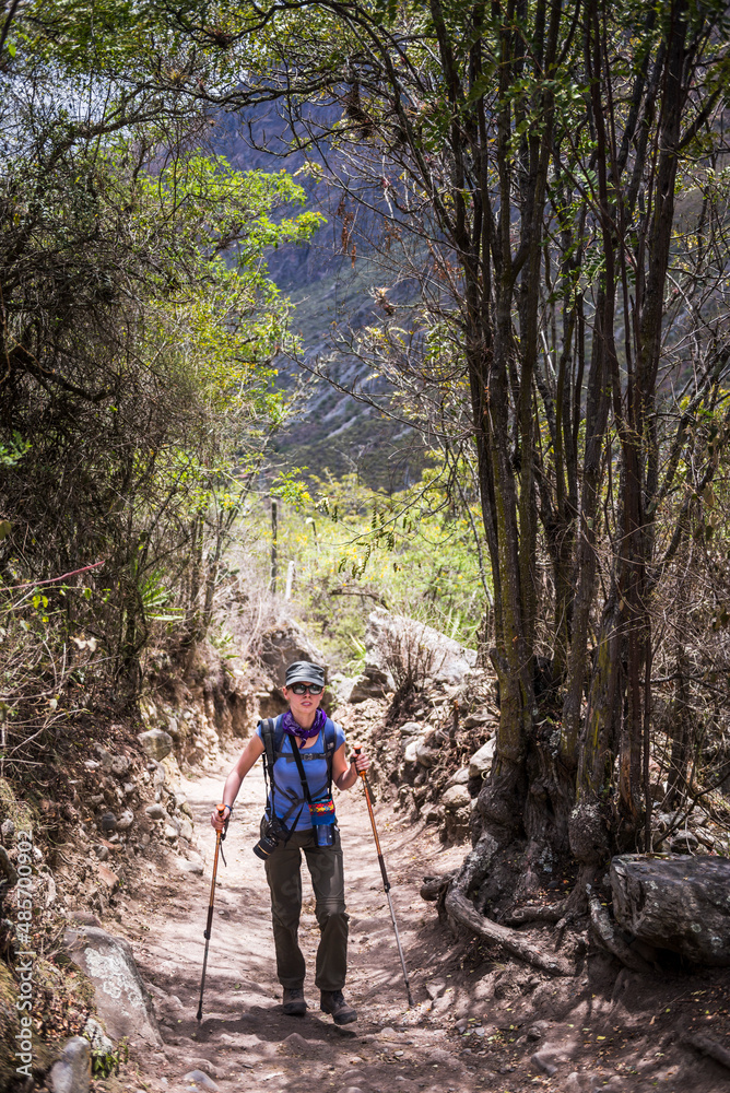 Inca Trail, woman on day 1 of the trek, Cusco Region, Peru, South America