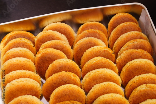 Traditional single almond macaron cookies, a traditional pastry in the Basque Country, France photo