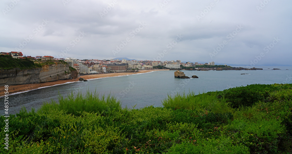 Landscape view of La Grande Plage beach and the resort town of Biarritz in the Basque Country, France