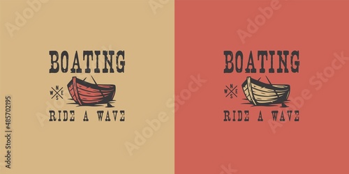Boat for travel in camping. Emblem of rowboat for outdoor for travel outside. Wanderlust in camp or adventure illustration