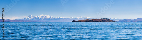 Cordillera Real Mountain Range (part of Andes Mountains) behind Lake Titicaca, seen from Isla del Sol, Bolivia, South America