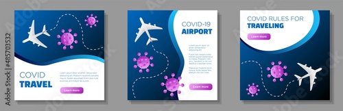 Covid-19 airlines crisis social media post, square banner set, pandemic traveling advertisement concept, airplane flying around virus marketing ad, abstract modern flyer, isolated on background