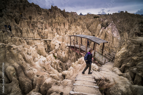 Obraz na plátne Tourist exploring Valle de la Luna (Valley of the Moon), La Paz, La Paz Departme
