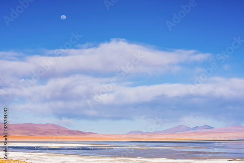 Moon rising over Salar de Chalviri, Altiplano of Bolivia in Eduardo Avaroa National Reserve of Andean Fauna, South America photo