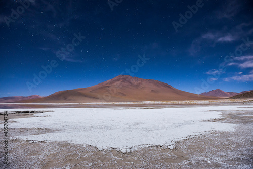Stars over Chalviri Salt Flats at night  aka Salar de Chalviri   Altiplano of Bolivia in Eduardo Avaroa National Reserve of Andean Fauna  South America