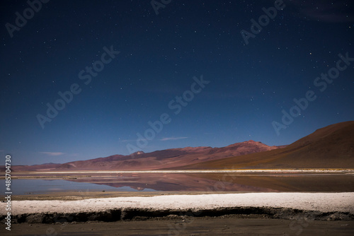 Stars over Chalviri Salt Flats at night  aka Salar de Chalviri   Altiplano of Bolivia  South America