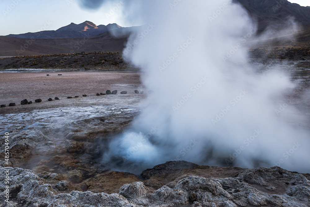 Geothermal energy potential, a renewable energy from El Tatio Geysers (Geysers del Tatio), the largest geyser field in the Southern Hemisphere, Atacama Desert, North Chile, South America
