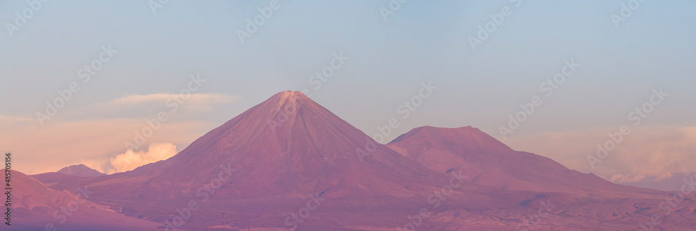 Sunset at Licancabur Volcano (5,920m) and Juriques Volcano (5,704m), stratovolcanos in the Atacama Desert, North Chile, South America