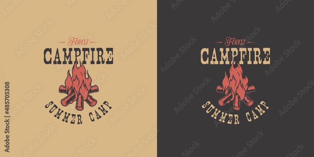 Camp bonfire with a large flame and sparks for explore and adventure in forest hiking. Burning campfire for camping.