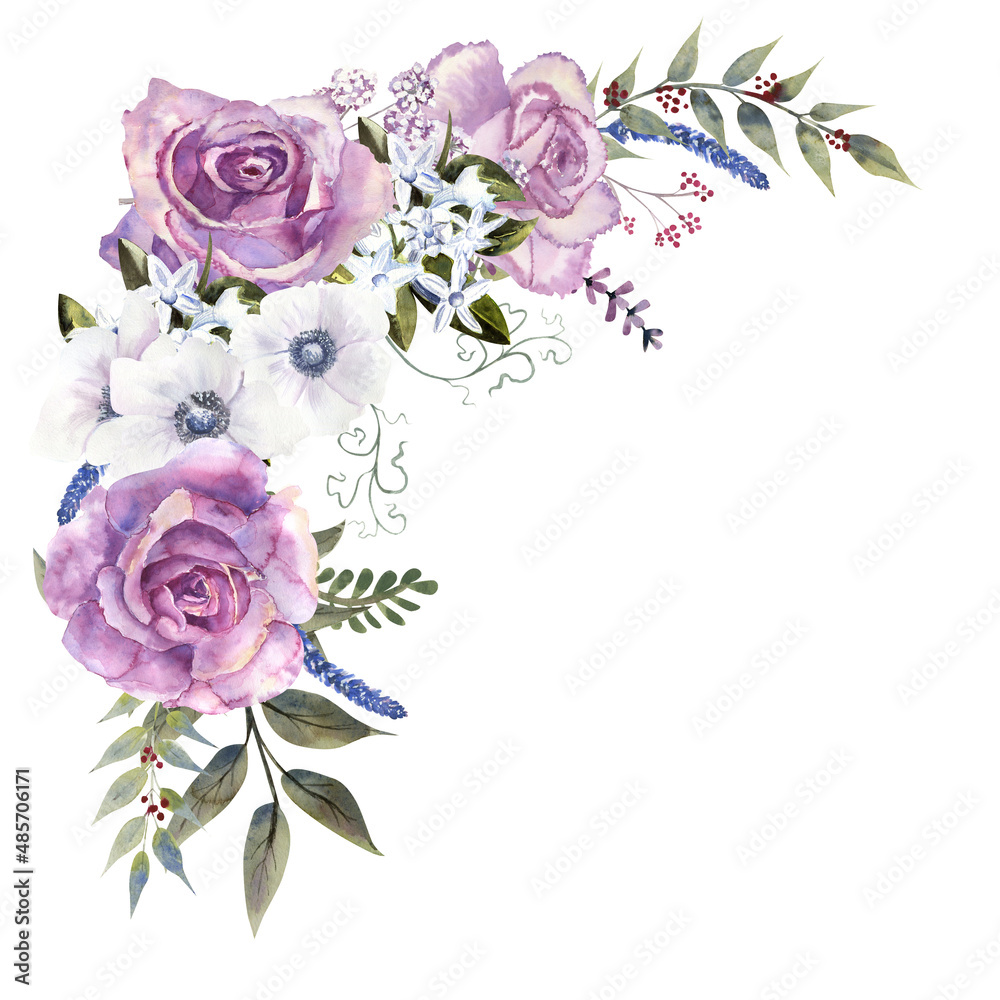 Flower bouquets with purple roses and anemones on a white isolated background. Hand-drawn watercolor illustration Flower bouquets with purple roses and anemones on a white isolated background. Hand-drawn watercolor illustration