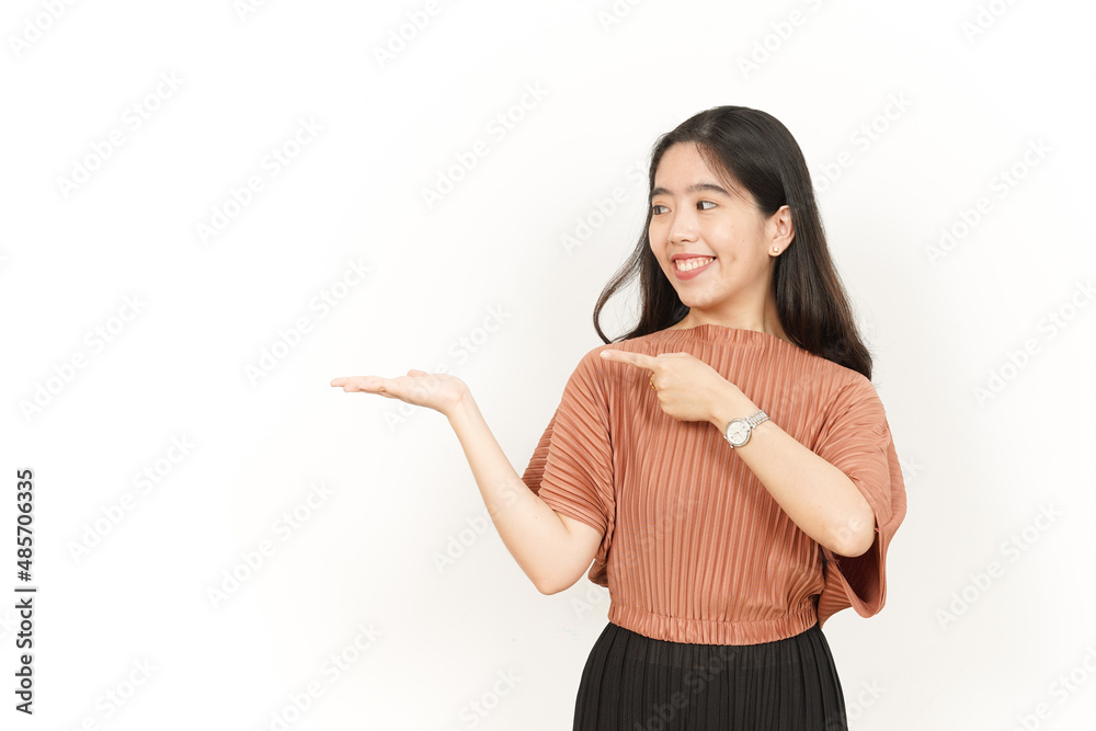 Showing and Presenting Product on Open Palm Of Beautiful Asian Woman Isolated On White Background Showing and Presenting Product on Open Palm Of Beautiful Asian Woman Isolated On White Background