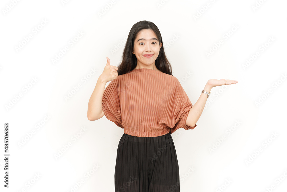 Showing and Presenting Product on Open Palm Of Beautiful Asian Woman Isolated On White Background Showing and Presenting Product on Open Palm Of Beautiful Asian Woman Isolated On White Background